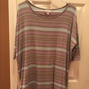 LulaRoe Grey, Purple & Blue Striped Irma - Size S